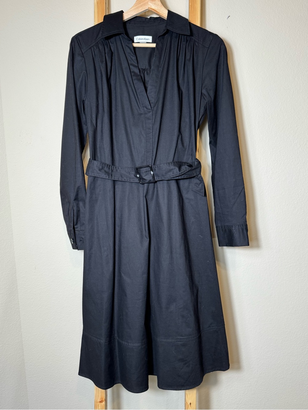 Calvin Klein Black Long Sleeve Belted Midi Dress